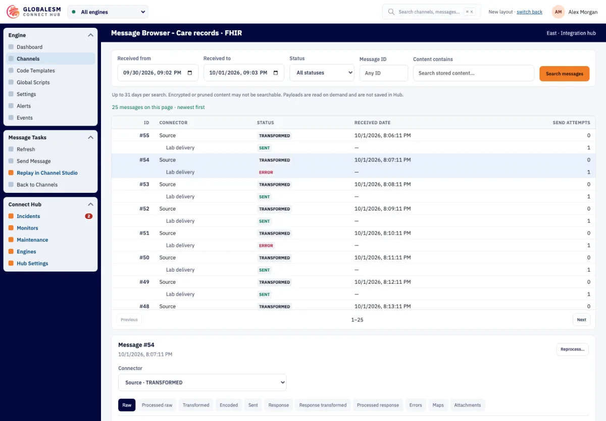 Connect Hub Message Browser listing demo messages with their status per connector, search filters at the top and one selected message below.